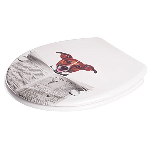 WC Sitz mit Absenkautomatik, Duroplast Toilettendeckel, Softclose Klobrille – Motiv Hund mit Zeitung Design Dekor - 2