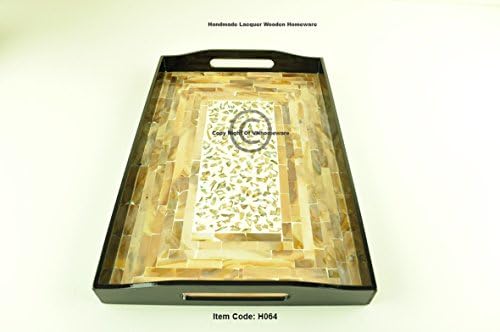 wooden tray handmade serving tray platter rectangular wood tray lacquer inlaid with mother of pearl sea shell fine quality decorative tray large size brown black, H064L