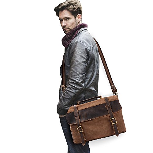 S-ZONE 14 Inch Vintage Aktentasche Arbeittasche Messenger Bag Umh  ngetasche Schultertasche Laptoptasche aus Canvas Leder  Kaffee 