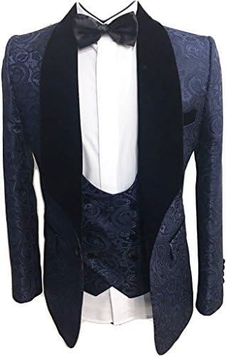 AugusWu One Button Jacquard Weave Mens Slim Fit Tuxedos Suits 2 Piece Sets Navy Blue Customize