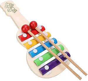 Bommi Crafts Wooden Xylophone Guitar Shaped Musical Toy for Children with 5 Note Pack of 1- Multi Color