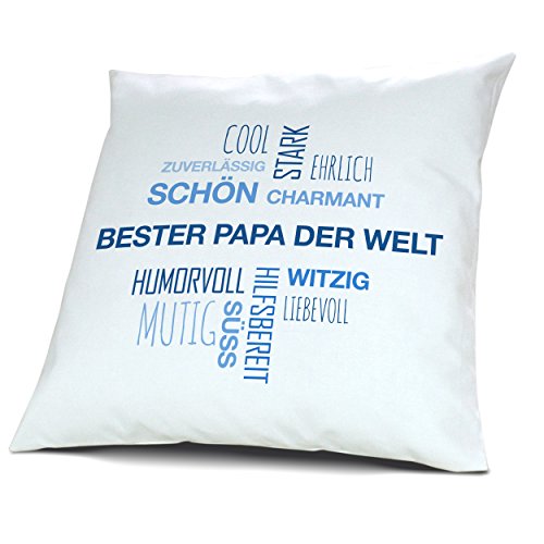 Kopfkissen mit Namen Bester Papa der Welt - Motiv Positive Eigenschaften Tagcloud Blau, 40 cm, 100% Baumwolle, Kuschelkissen, Liebeskissen, Namenskissen, Geschenkidee