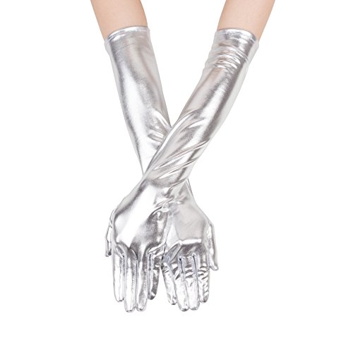 GLV041 Womens Silver Long Lamé Metallic Stretch Gloves