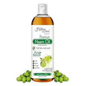 HillDews Neem Oil (200ml) Pure Natural Unrefined Cold Pressed For Skin and Hair - Free From Paraben, Hexane and Mineral Oil 200 ml