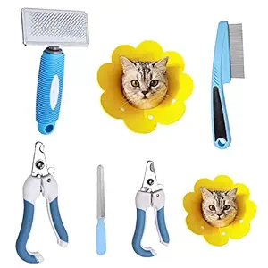 Kitten Small Cat Grooming Kit Slicker Brush Shedding, Dog Claw Care Nail Clippers and Trimmer, Stainless Steel Shedding Comb, Recovery Collars 2 sizes Kitty Small Dog Cat Grooming Tool Set 7 Packs