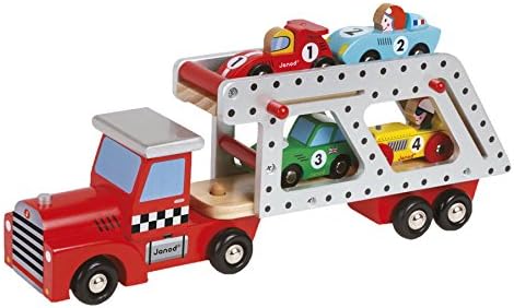 Janod Wooden Toy Car Transporter Race Racing Car Truck Story with 4 Racing Car, Multicolor