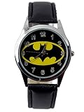 Taport® Armbanduhr The Dark Knight Batman Quarz, runde Uhr, schwarzer Uhrenarmband aus Echtleder, mit Ersatzbatterie und Geschenktasche