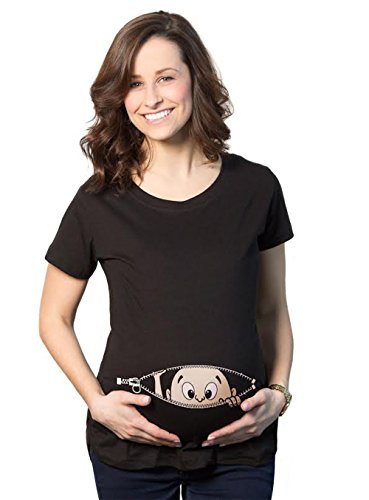 Womens Caucasian Peeking Baby Pregnancy BLACK Maternity T-shirt -M