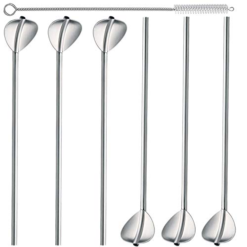 Ouinne 6 Pièces Pailles Reutilisables, Cuillères en Acier Inoxydable Résistant à Cocktail Agitateurs avec Brosse de Nettoyage