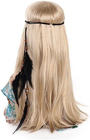 FANHOM Feather Headband Bohemian Hair Band Women Girls Hair Accessories Braided Headdress Beads Headpiece (Black)