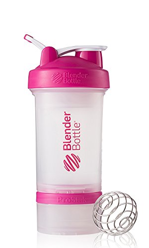 Preisvergleich Produktbild BlenderBottle Prostak Protein Shaker / Diät Shaker (650ml, skaliert bis 450ml, mit 2 Container 150ml & 100ml, 1 Pillenfach) Pink / transparent