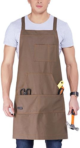 Clya Home Waxed Canvas Work Apron, Heavy Duty Tool Apron with big pockets,Cross-Back Straps Shop Apron Adjustable M to XXL for Women and Men (Brown)