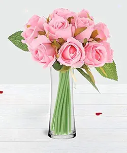 TIED RIBBONS Artificial Pink Rose Flowers Bunch with Glass Vase Pot for Home D