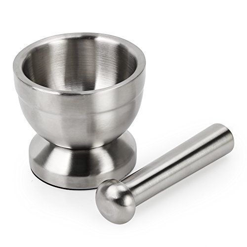 Fuloon Edelstahl Mörser mit Stößel Set Küche Spice Grinder für Kräuter und Gewürze Ø 10 cm (Silber)