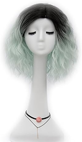 35cm Shoulder Length Curly Hair Dark Root Ombre Wavy Women Cosplay Wigs (Neon Mint F18)