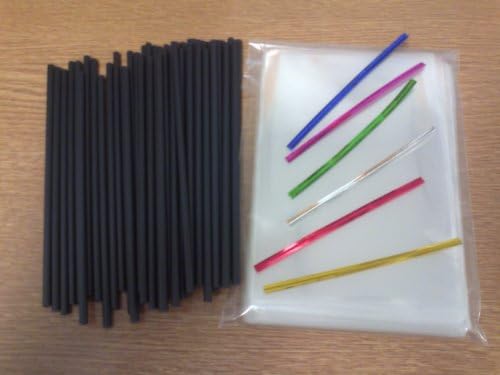 50 x 150mm (6") Black Cake Pop Lollipop Kit Included Cello Bags & Mixed Colour Twist Ties