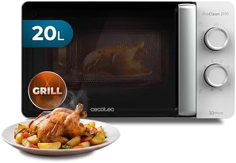 Cecotec Microonde con Grill 20L ProClean 3110 Wave. 700 W, Grill 800 W, Capacità 20 L, Tecnologia 3DWave, Modalità Scongelamento, 6 Livelli di Potenza, Timer 30 min, Bianco