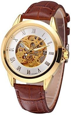 Men's Golden Skeleton Watch Automatic Winding with Leather Band