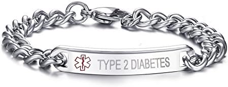 LianDuo Mens Womens Stainless Steel Thin Personalized Medical Alert ID Wristband Bracelet Bangle Engraved "TYPE 2 DIABETES" Silver
