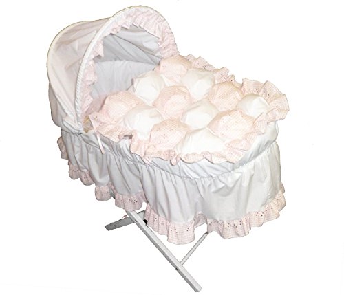 Beautiful Pink Gingham Bubble Moses Basket With Long Skirt & White Wooden Folding Stand