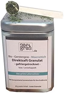 Organic barley grass juice – horseradish direct juice granulate loose freeze-dried vegan, gluten-free, lactose-free. For stomach problems and the detoxification of the liver barley grass juice and organic horseradish in raw vegetable quality from Bavaria. 20 grams.