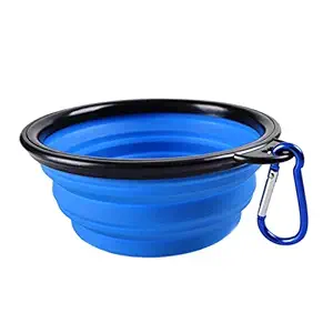 Qpets? Collapsible Silicone Dog Bowl, Foldable Expandable Cup Dish Dog Cat Food Bowls for Pet Cat Food Water Feeding, Portable Travel Bowl with a Free Hook - Blue