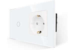 JIMEIDA Toma de corriente con interruptor de luz, blanco, interruptor táctil de cristal con toma de corriente Schuko empotrable, 1 compartimento, 1 polo, led de estado, 500 W/compartimento