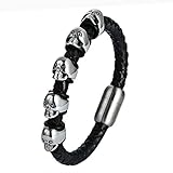 Bishilin Leder Armband Herren Schwarz 22 cm Totenkopf Schädel Armband Schwarz Freundschaftsarmband