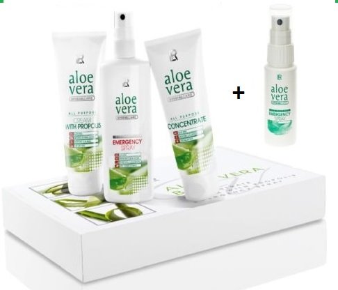 LR Aloe Vera Box, Aloe Vera Konzentrat 100 ml, Aloe Vera mit Propolis 100 ml, Aloe Vera Emergency Spray 150 ml & 1 x Aloe Vera Emergency Spray Auffüller (unbefüllt) für unterwegs