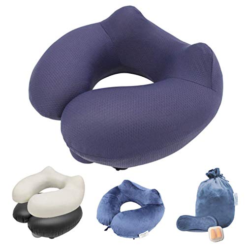 Oreiller de Voyage Coussin Nuque Gonflable et Mousse de Mémoire Double Soutien avec Deux Housses Lavables Chaude et Fraîche (Bleu Marine)