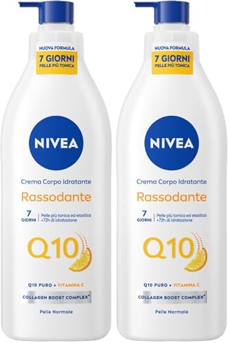 NIVEA Q10 Crema Corpo Idratante Rassodante 400 ml, Crema rassodante corpo con Coenzima Q10 Puro e Vitamina C, Crema idratante corpo 72h per pelli normali per una pelle più tonica ed elastica