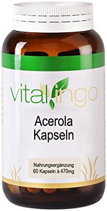 Acerola Vitamin C Capsules by Vitalingo – Acerola &amp; Vitmain C Glass Bottle Contains 60 Capsules of 470mg Ingredients per capsule: 370mg Acerola Powder Bonded 17% Natural Vitamin C (125,8mg = 157% RDA)