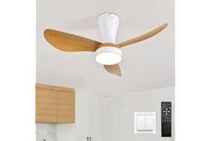 LJX 82cm Ventilatore da Soffitto con Luce e Telecomando Silenzioso DC Lampadario Ventilatore a Risparmio Energetico Effetto Legno LED Dimmerabile Reversibile per Camera da Letto Cucina, Bianco