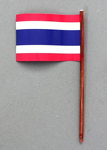 Set 2 Stück Mini Tischflagge Thailand 67×44 mm mit Ständer aus Holz, Gesamthöhe ca. 130 mm Tisch Flagge Fahne - 2