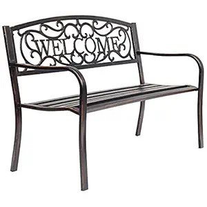 S AFSTAR Garden Bench, Outdoor Metal Porch for Park Garden Yard, Patio Bench with Weather-Resistant Cast Iron Backrest and Welcome Pattern (Bronze)