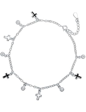 JiangXin Fußkette Damen 925 Sterling Silber Christus Weiß & Schwarze Kreuz + Kugel Damen Fußkettchen Schmuck mit...