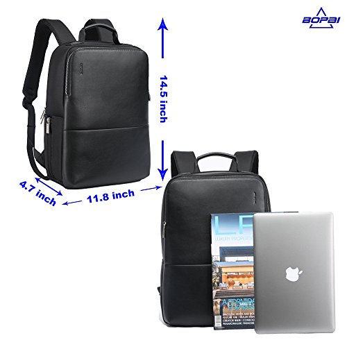 BOPAI Leder Rucksack für Herren 15.6 Zoll Laptop Rucksack Schulrucksack Jungen Wasserdicht Rucksack Schwarz - 5