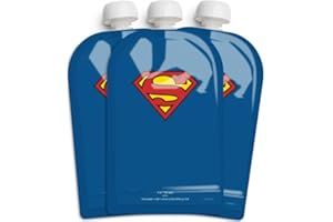 Herobility DC Superman Food Pouch 180ml / 6 Fl Oz - Squeeze Pouches for Baby, Reusable, Sustainable, Leak-Proof Design, Double Zip-Lock, BPA Free - 3 Pack