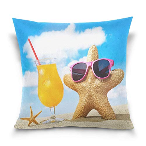 Throw Pillow Case Decorative Cushion Cover Square Pillowcase, Hipster Starfish with Sunglasses Juice Sofa Bed Pillow Case Cover(18x18inch) Twin Sides