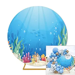 7X7FT Round Under The Sea Backdrop for Photography Colorful Polyester Reefs and Algae Decoration Sun Ray Ocean Photography Backdrops Kids Birthday Party Ocean Theme Baby Shower Banner
