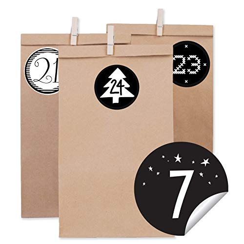 Calendrier de l'Avent - 24 sachets en papier brun 14 x 26 x 8 cm, 24 sachets en papier kraft avec 24 autocollants de Noël avec 24 mini pinces en bois, sachets de calendrier de l'Avent