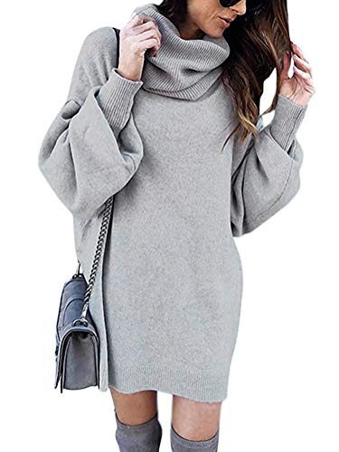 Minetom Pull Robe Courte Femme Hiver Manche Longue Casual Mini Dress Col Roulé Tricot Chandails Blouse Elégant Oversize Lâche Pullover Gris FR 38