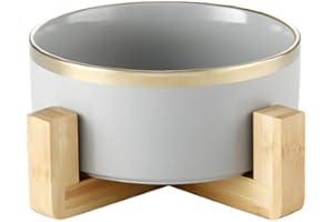 HCHLQLZ Oro grigio Ceramica Ciotole per Cani Gatti Ciotola Cane Gatto per Cibo Acqua -Combinato con Supporto in bambù（850ml）