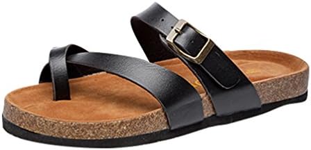 ZKOO Womens Cork Sandals Flip Flop Shoes Open Toe Ankle PU Leather Strap Flat Sandals Beach Shoes With Buttons Casual For Lady Black