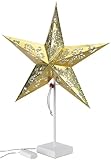 Wunderschön schimmernder Stern aus goldenem Karton mit dekorativem Lochmuster • Weiß lackierter Holz-Sockel • Maße: Höhe der Lampe: 62 cm Durchmesser Stern: 58 cm