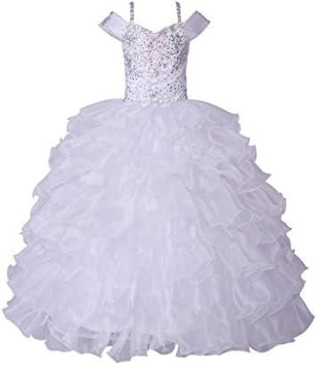 PuTao Little Girl's Off the Shoulder Crystal White First Communion Ruffled Dresses 8 White