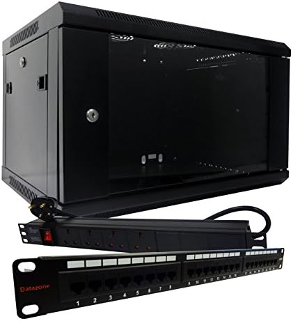 6u 19" 450mm Deep Black Wall Mounted Data Cabinet + 24 Way Cat6 Patch Panel & 4 Way PDU