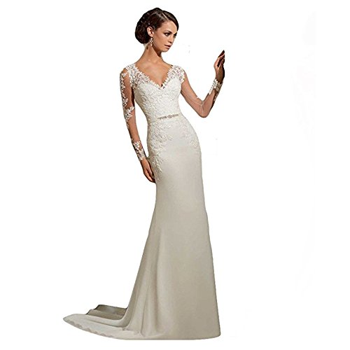 June's Young Robe de Mariage Robe Dos Nu Blanc Sexy Encolure Backless Fleurs Dentelle Elégante Robe de Soirée Cérémonie (M)