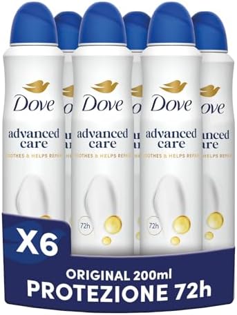 Dove Deodorante Spray Advanced Care Original, con Formula Idratante e Delicata sulla Pelle, Senza Alcol, Pelle Asciutta Fino a 72 Ore, Deodorante Uomo e Donna, 6 Pezzi da 200ml