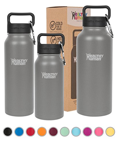 Healthy HumanWater Bottle - Cold 24 Hours, Hot 12 Hours. Vacuum Insulated Stainless Steel Double Walled Thermos Flask with Carabiner & Hydro Guide - Slate Gray - 32 oz / 950ml